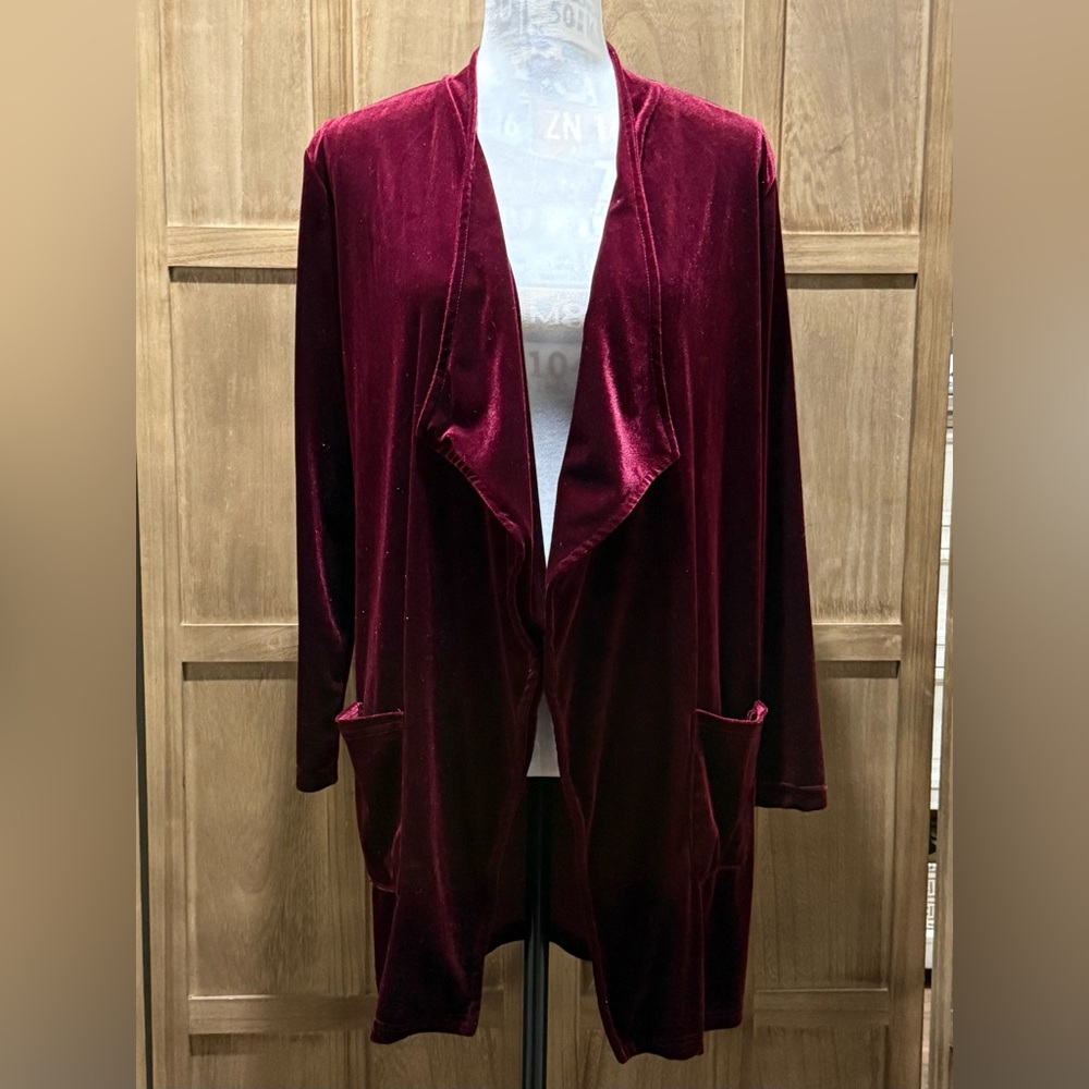 Women's Velvet Burgundy Open Front Cardigan.